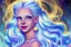 Placeholder: very beautiful cosmic women with white long hair, smiling, with cosmic dress and bright earings. in the background there is a bautiful sky with stars and light beam