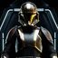 Placeholder: star wars bald male corellian pilot wearing pearlescent black and gunmetal grey First Order special forces heavy assault stealth commando armor and helmet with gold and red trim inside the jedi temple, hyperdetailed, dynamic lighting, hyperdetailed background, 8k resolution, volumetric lighting, light skin, fully symmetric details