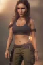 Placeholder: camilla luddington face, lara croft clothes, portrait busty and face, light effects, particles, explosion fire,