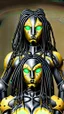 Placeholder: A woman has tanned skin, yellow eyes and black dreads. Her face show her superiority in the eyes of others. She is dressed in a steel armor with a few pieces of yellow and green fabric sticking out.