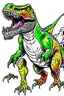 Placeholder: create a coloring page, white background Illustrate a T-Rex displaying its formidable size and strength by standing on its hind legs and bellowing loudly to deter intruders. T-Rex with vibrant colors to emphasize its dominance. ink drawing clipart, simple line illustrations, colored