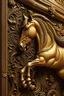 Placeholder: HORSE Detailed and intricate wooden carving wall decor featuring a golden metal frame. The carving showcases stunning craftsmanship and intricate design, adding elegance to any space. The golden metal frame adds a touch of luxury and sophistication. This artwork is a perfect blend of traditional woodworking techniques and modern aesthetics. High-resolution digital painting inspired by the works of master craftsmen. By incorporating elements of nature and geometric patterns, this design creates