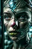 Placeholder: Close-up shot. A cracked pale face deep gaze dark makeup and lips figure through looking a fractured cracked glass pane, revealing glimpses of a surreal hightech cityscape. Hyperrealistic, sharp focus, intricate details, surreal style by Dali, Bosch, Kandinsky, beautifully shot. High contrast, cinematic, dark gloomy, atmospheric, moody. 64 megapixels, perfect compositi