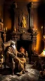 Placeholder: Create an image of king on his throne in an old house with a fireplace with strange statues in side a temple with dim light of fire torch on the wall in the background