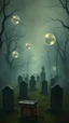 Placeholder: vintage style painting of an old grave yard with crystal shiny balls blurt hovering above the graves with foggy an aerial view