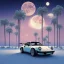 Placeholder: 1980's aesthetic artwork vaporwave palm trees with lighting with moon with porsche in the winter snow