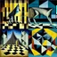 Placeholder: Abstract surreal art, by Jack Yerka and Colin McCahon and Victor Pasmore and Gabriel Pacheco, nostalgic long-limbed checkerboard pattern wolf, hypocrisy of fairy tales, geometric shapes, braille glyph textures