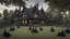 Placeholder: A gothic woodland house with a coven of witches dancing around a pentacle on a lawn in front of the house.