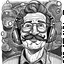 Placeholder: black ink on white paper illustration in the style of Robert Crumb, image of a very happy man with a mustache and glasses wearing over-ear headphones, blissfully receiving waves of love from the universe