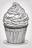 Placeholder: create a outlined coloring page of a smiling cup cake. Pay attention to the details of the faces and White background, sketch style, half of body, use outline, Mandala style, clean line art, no shadows, no coloring, no shading, no grey.