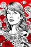 Placeholder: Generate a black and white coloring page capturing the essence of Taylor Swift's "Red" album, with vibrant red hues and romantic imagery like roses, hearts, and love letters.