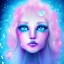 Placeholder: Face Angel crystalline,blond hair, blue eye ,pink , cosmic, opalescent, gemstones, crystals, other worldly,water,bright, ice background, snow lake blue