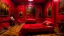 Placeholder: Room fully covered in red velvet fabric, identical walls floor and ceiling, a low bed in the center with a lying figure, warm light with no visible source, surreal painting style of Salvador Dalí.