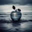 Placeholder: lovely double exposure image by blending together a stormy sea and a glass apple. The sea should serve as the underlying backdrop, with its details subtly incorporated into the glossy glass apple, sharp focus, double exposure, glossy glass apple, (translucent glass figure of an apple) (sea inside) lifeless, dead, glass apple, earthy colors, decadence, intricate design, hyper realistic, high definition, extremely detailed, dark softbox image, raytracing, cinematic, HDR, photorealistic (double exp