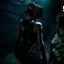 Placeholder: a beautiful dark haired tiefling woman in a sleeveless battle outfit, seen from the back, at the edge of a precipice in the dark, ready to jump, photo quality, dark colors