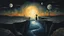 Placeholder: painted inner world with neurodivergens mind and soul, floating doors over surreal cracked weird landscape . one thin bridge over big black river, alone human woman figure black shilutte in big hat in neuoron web. deep dark colors, with silver and black. Whimsical strange style of Chagall, and of Anton Semenov. weird absurd beauty nightmare, black shadows, in background cyber neuronic network, surreal vibe, nightmare