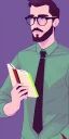 Placeholder: Fit man in round glasses with bookshelf in background, stubble,no beard, reading book, slim, tie, monotone, green eyes, comic book style, two tone colours, detailed, ink, realistic, handsome, square jaw, big brows, no jacket, bird on the shoulder, spotlight