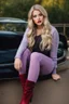 Placeholder: beautiful 18 year old girl with ash blonde hair and blue eyes with her curvy hair down, wearing a long-sleeved woollen top, and lilac long leggings, with long red boots full body shot