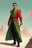 Placeholder: Full Muscular Body, Male Tan Human, Red Bandage Blindfold covering his eyes. Green and Black Robes, Red Crossgaurd Lightsaber, HD