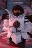 Placeholder: The character, depicted in a striking white armour against a wintry backdrop stands with his hands behind his back inside the scene, he has a red and black circular symbol on his chest like a shield, a black pointed spear with a red handle on his back, His eyes are showing a dynamic expression and he wears a black oni mask with white teeth covering the bottom part of his mouth he has brown shoulder pads and a white belt with a bag attached to it. He has dark brown hair, he does not wear a helmet