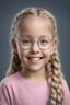 Placeholder: 8K Ultra-HD, Hyper Realistic, Photorealistic, Realistic, focused, Clear, Extremely Detailed, beautiful, Cinematic, proportionate, full color, headshot image of a smiling 8-year-old girl with long blonde hair, pulled back into braids, wearing a pair of blue round lensed glasses, and a pink and blue button t-shirt, big happy smile, a foggy, cloudy, blue background