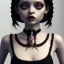 Placeholder: Female Jenna ortega black dress,soft goth libstick, wednesday addams family make up, brad double wig, dramatic lighting, highly detailed, volumetric lighting, unreal engine, 8k