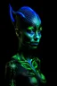 Placeholder: Alien 6 feet, with a slender and graceful figure. skin is a mesmerizing blend of deep, dark, reminiscent of a moonlit forest.midnight blue, emerald green, and deep purple. The skin is intricate patterns that resemble constellations, has 4 eyes are large, glowing with an eerie, phosphorescent light.a piercing shade of neon green,aura.face is framed by long, flowing tendrils of bioluminescent hair, reminiscent of glowing jellyfish tentacles.