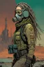 Placeholder: front facing full length portrait illustration of a grunge armored female with beaded dreadlock hair cyberpunk vampire mercenary with gas mask, telecommunications headset, and shemagh, highly detailed with gritty post apocalyptic textures, toxic irradiated landscape, finely detailed facial features and hair, in the graphic novel style of Bill Sienkiewicz, and Jean Giraud Moebius, with elements of collage, mimeograph, and pen and ink