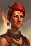 Placeholder: a female fire genasi archaeologist with tanned skin, a red mullet haircut