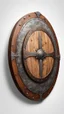 Placeholder: round wooden battered shield with a metal rim, laying on the floor, with a sword on one side, and a bow on the other, white background