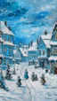 Placeholder: A cyan snowy Christmas themed town painted by Claude Monet