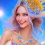 Placeholder: Beautyful smiling young woman, long hair amazing blue eyes, flowers, happy cosmic, bright colors, blue, pink, gold, jewels, realistic, photo real, clear sunny background, highly detailed, high contrast, 8k high definition, unreal engine 5, extremely sharp detail, light effect, sunny light background