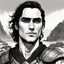 Placeholder: A portrait of Joaquin Phoenix in his early 30s, long beachy haircut, black hair, on a rocky island, in ebony armor from Skyrim, melancholic and dangerous facial expression, half-smiling, drawn in the style of ink manga sketch, black and white, sketchy