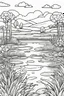 Placeholder: coloring page, pond in the field, cartoon style, thick lines, low detail, no shading