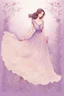 Placeholder: an illustration of a Beautiful woman stands gracefully in an elegant, flowing lavender dress adorned with delicate floral patterns and lace. The backdrop behind her transitions from cream at the bottom to soft hues of lavender at the top, creating a whimsical and almost magical atmosphere. To her right, a piece of lined paper appears, as if torn from a notebook. The borders of this paper are embellished with beautiful flowers, by Ryohei Hase, Agnes Cecile, Raymond Swanland, Anne Bachelier