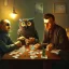 Placeholder: spanish illustrator, seppia colors, 3 owls playng cards in 1945, mafia, cyberpunk, high details, 4k, bar iterior, broken bottles, dollars on the table, rendering, cinematic, cluds of smoke in the room