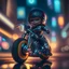 Placeholder: A Sharp Kawaii tiny hyper realistic baby ironman riding mini harley davidson, wearing bikers clothes with freestyle action, night of cyberpunk city background. wide angle full body, 8k, Cinematography, photorealistic,epic composition Unreal Engine,Cinematic, Color Grading, Portrait Photography,Ultra-Wide Angle, Depth of Field, hyper detailed