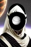 Placeholder: Planet Mercury portrayed as a masked human wearing medieval robes, the right side of the mask is black with open white eye, the left side of the mask is white with closed eye