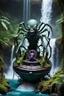 Placeholder: action figure of an alien spider electric eel necromancer on round swamp boat beholder eye wheel throne in a charged foggy jungle waterfall