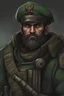 Placeholder: warhammer 40k rogue trader male rugged features with brown colored beard dark green eyes and black military beret green clothes holding sword full body grim propaganda