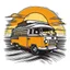 Placeholder: A retro camper van parked by the ocean, nostalgic, carefree, golden hour lighting, T-shirt design graphic, vector, contour, white background.
