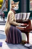 Placeholder: One single mature cat lady playing piano on the street, Vienna, friendly, model style, hyper realistic, extremely accurate, delicate, extremely detailed, Graphic novel style, wide-angle, open aperture, superfine pencil