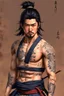 Placeholder: A Young Man who is a Samurai, he has scars, cuts, and marks on his body. His body looks war torn, and he is missing his left arm from his shoulder. He has long black hair and has a stuble for facial hair.