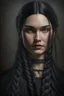Placeholder: Portrait of a young woman, long black hair in a braid, dark eyes, proud look, extremely beautiful