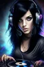 Placeholder: Raven Haired Grey eyed Beautiful DJ girl spinning tunes at a disco club