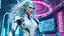 Placeholder: midle shot from An android-mutant woman with long white-blue swirlings plastic, neon and metal hair, a biomechanical mutant with sky-blue eyes, white shiny robot body with some blue led, she name the AI-Medusa. The woman with like snakes of hair, the wirling with blue-white hair, she stands in the futuristic office, stunning, mystic and sci-fi mix creature, high detalied, sharp focus, perfect beauty, professional photo