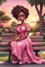 Placeholder: A curvy chibi cartoon black woman sitting on a park bench, facing the sunset. She has brown eyes accentuated by dramatic makeup. Her brown hair is done up in an elaborate curled twist. She sits slightly angled, wearing a flowing pink maxi dress with tropical flowers that seems to flutter in the gentle breeze.