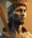 Placeholder: Gran angular, Realistic image, roman sculpture, marble material, Lionel Messi with Laurel wreath model, miguel angel style, God light, god rays, 4k resolution, perfect details, ornate details, soft lighting, unreal engine 5, soft cyan background.