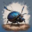 Placeholder: Windy Beetle with a shell made of dark grays and browns with blue trim and topping and wing-like spikes, background windy plains, in splatter art style