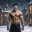 Placeholder: Hyper realistic Extremely Handsome shirtless muscular king smiling & Standing with short black hair outside huge castle at dark & heavy snowfall night